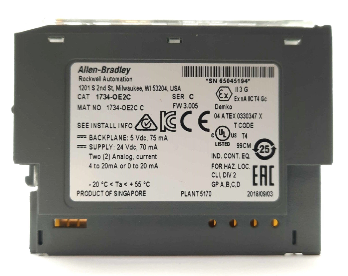 New Other Allen Bradley 1734-OE2C Ser. C Analog Output Module, 2-Channel, 0/4-20mA, 24VDC