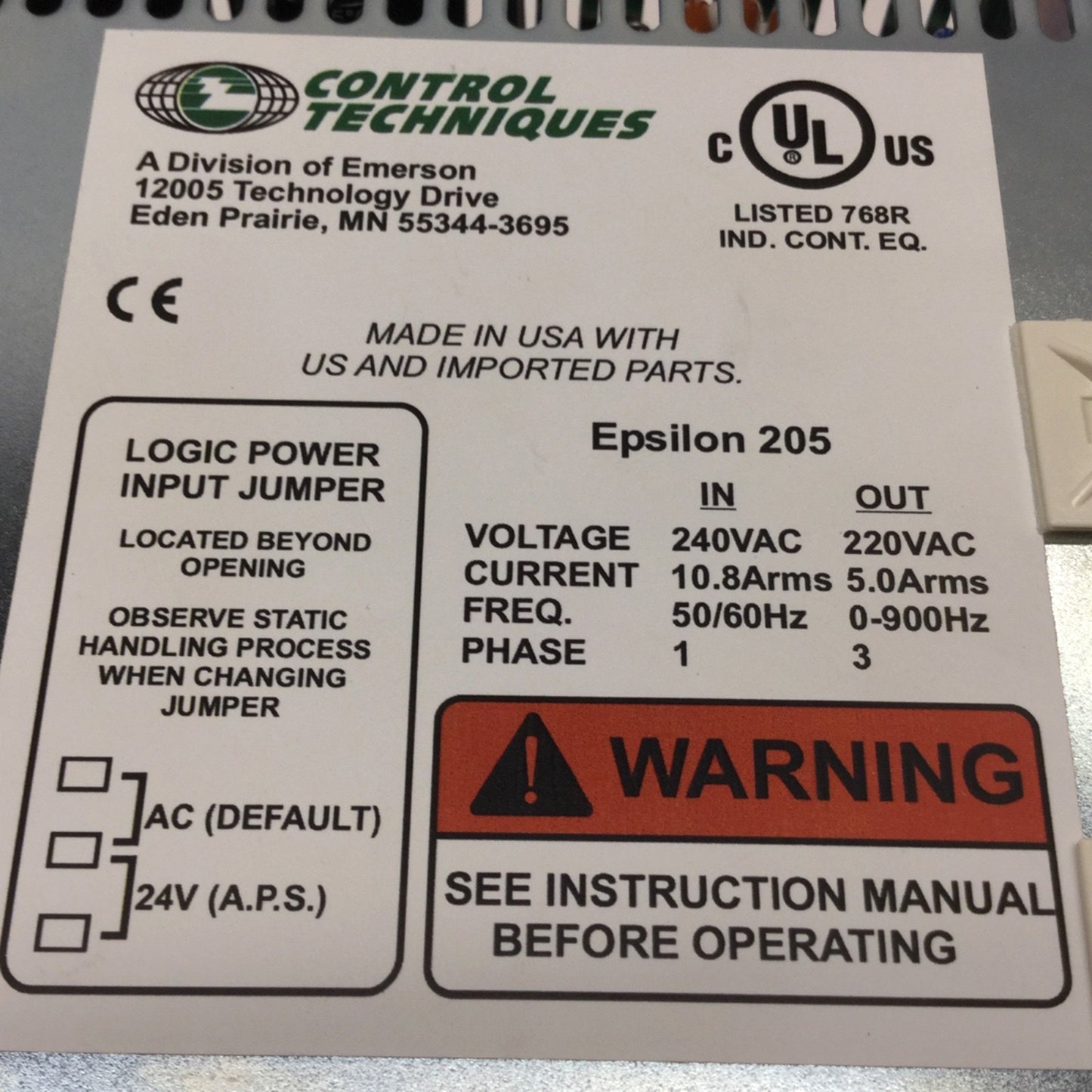 Used Control Techniques EI-205-00-0C7 AC Servo Drive 1PH 240V In, 3PH 220V 5A Out