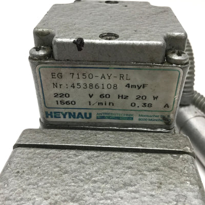 Used Heynau EG 7150-AY-RL Gearmotor 220VAC 60Hz, 168.9:1 Ratio, 9.2RPM, 8.3Nm