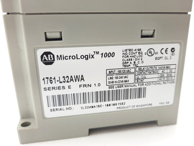 Used Allen Bradley 1761-L32AWA Ser E FRN 1.0 MicroLogix 1000 Programmable Controller.