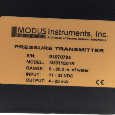 Used Modus Instruments M3011E01R Pressure Transmitter Range 0-20"wc, 11-32V, 4-20mA