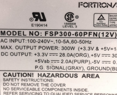 Used FSP FSP300-60PFN ATX Computer Power Supply 240V Input 300W Max, 20-Pin Connector