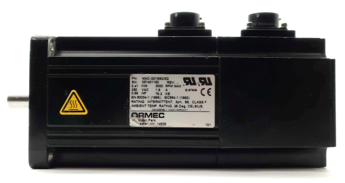 Used ORMEC MAC-G016B2/E2 Servo Motor, 230VAC 1.9A, 0.41kW, 3000RPM, 2000PPR, NEMA 34