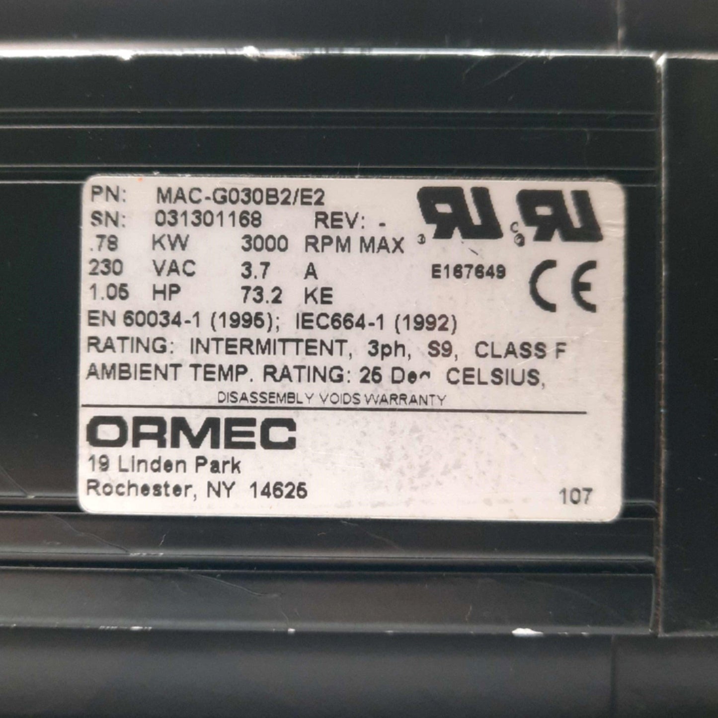 Used ORMEC MAC-G030B2/E2 Servo Motor, 230VAC 3.7A, 0.77kW, 3000RPM, 2000PPR, NEMA 34