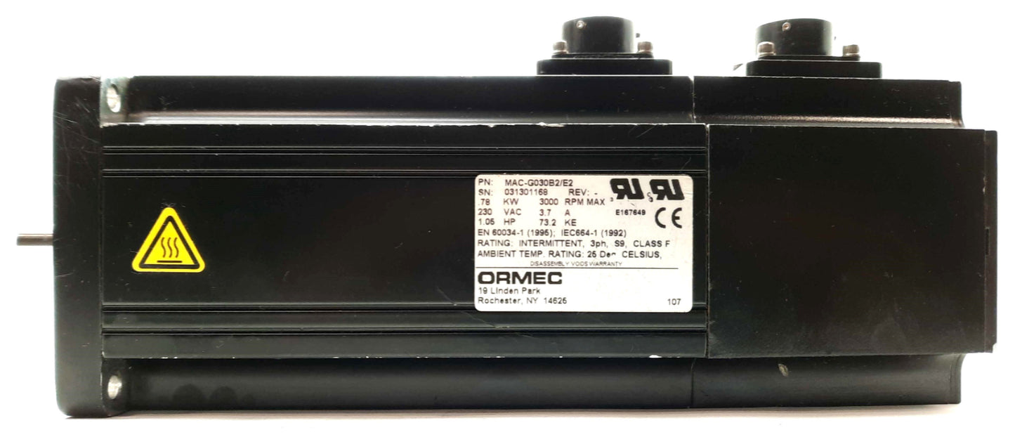 Used ORMEC MAC-G030B2/E2 Servo Motor, 230VAC 3.7A, 0.77kW, 3000RPM, 2000PPR, NEMA 34