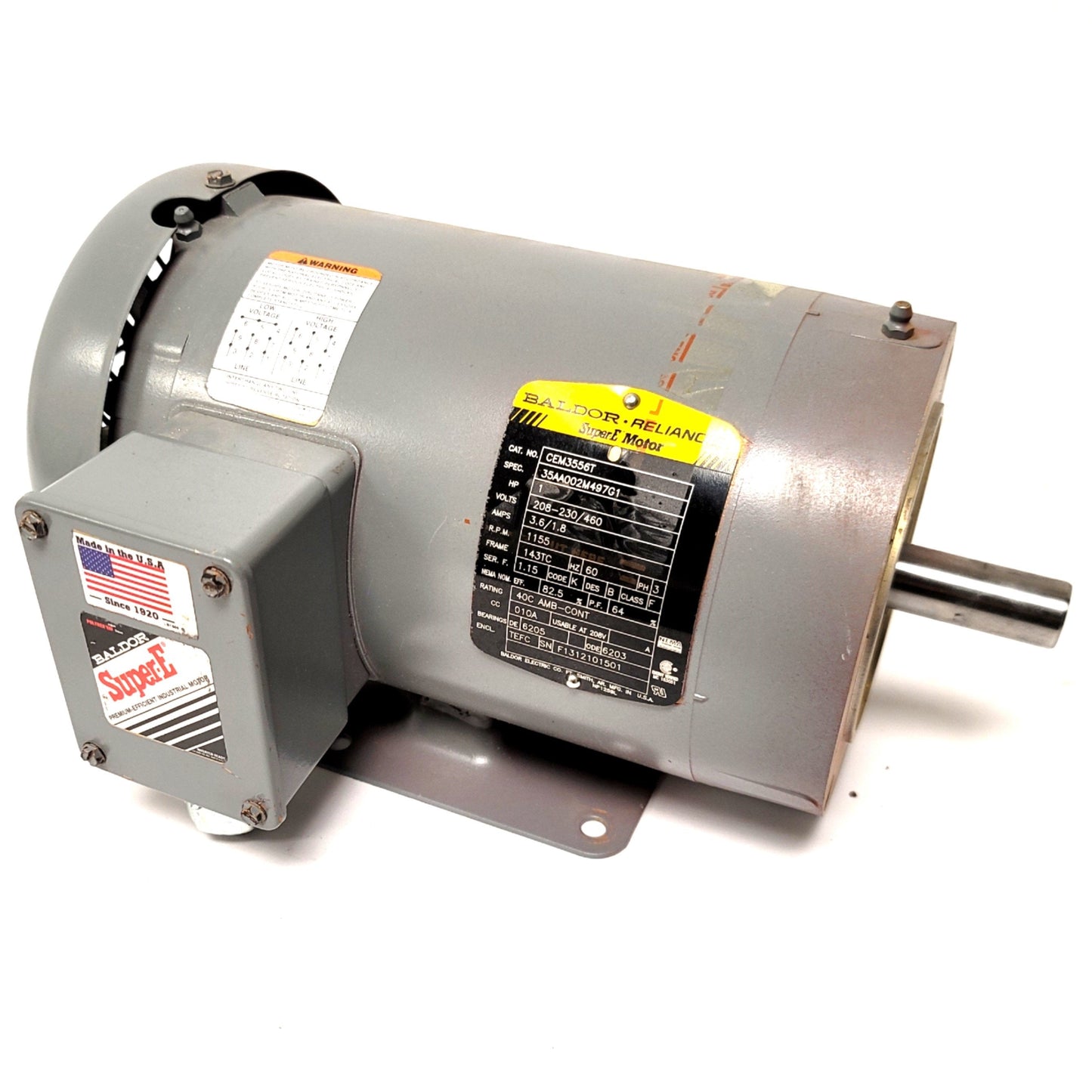 Used Baldor Reliance CEM3556T General Purpose AC Motor 1HP, 1200RPM, 208-230/460 3-PH