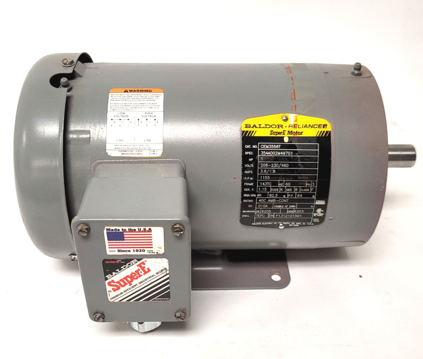 Used Baldor Reliance CEM3556T General Purpose AC Motor 1HP, 1200RPM, 208-230/460 3-PH