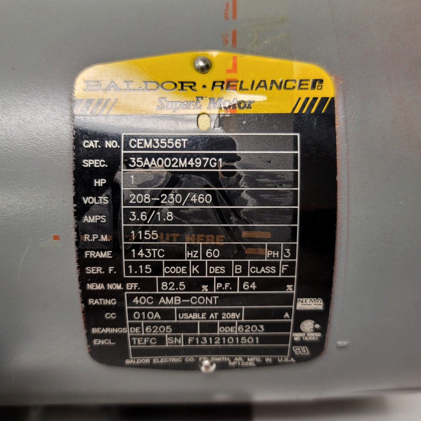 Used Baldor Reliance CEM3556T General Purpose AC Motor 1HP, 1200RPM, 208-230/460 3-PH