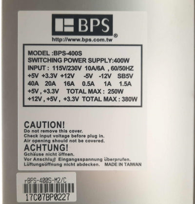 Used BPS BPS-400S Computer Power Supply 1U 20-Pin ATX 380W 2x Molex 1x SATA 115/230V