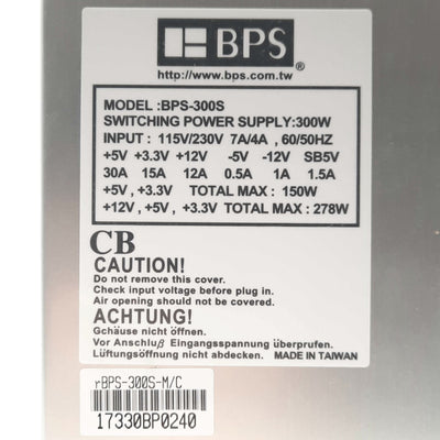Used BPS BPS-300S Computer Power Supply, 1U, 20-Pin ATX, 278W, 1x SATA, 115/230VAC
