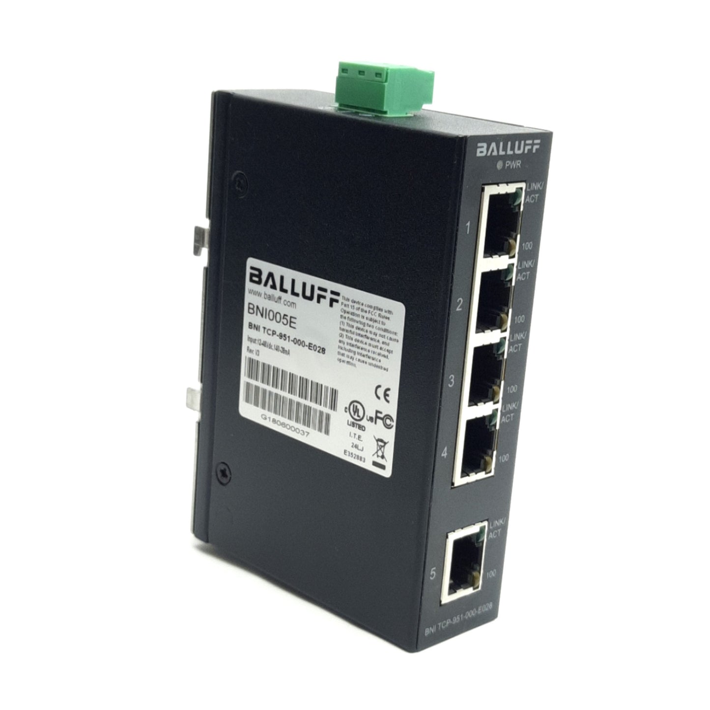 Used Balluff BNI TCP-951-000-E028 BNi005E Network Switch, 12-48V DC, RJ45, DIN Mount