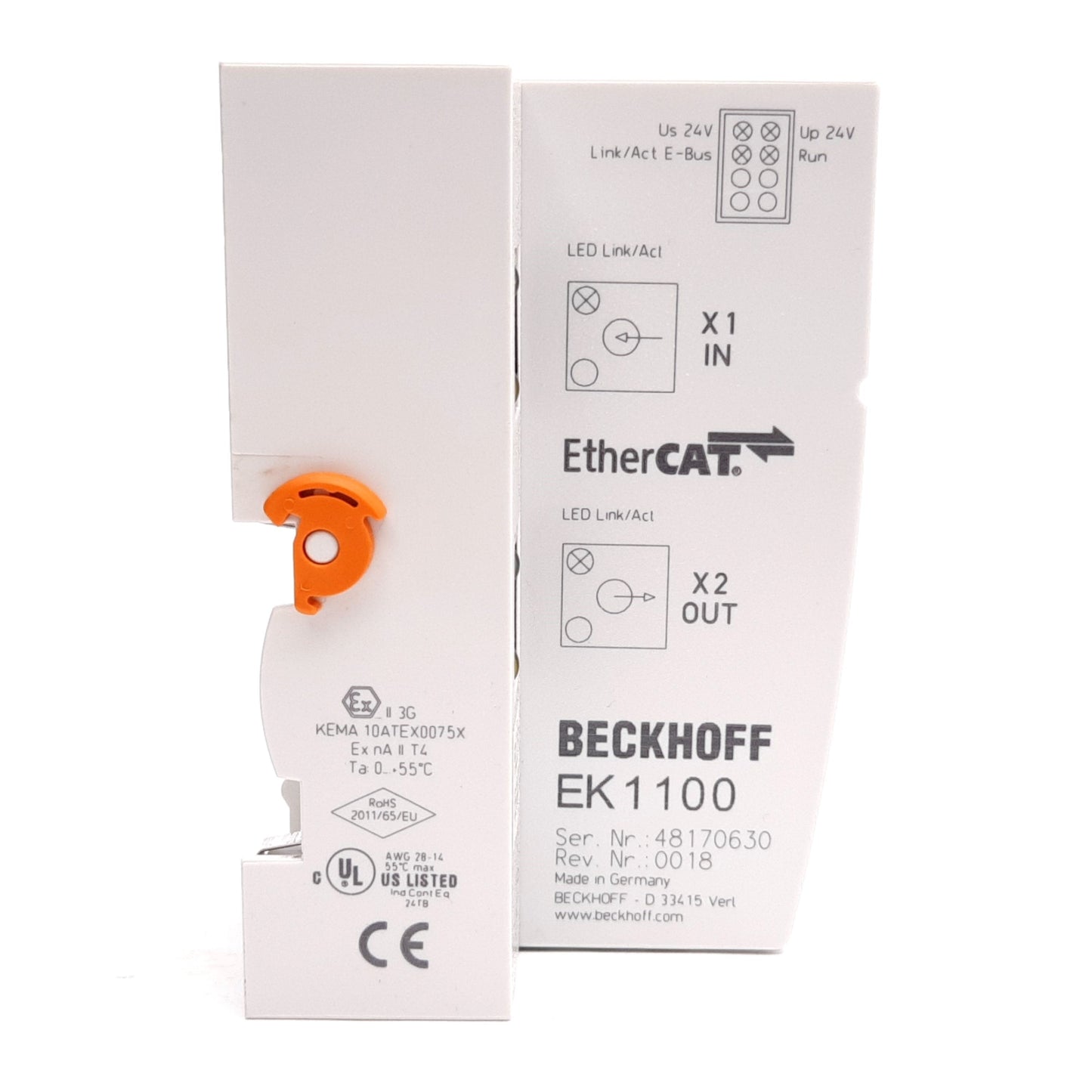 Used Beckhoff EK1100 EtherCAT Coupler, 100Mbit/s, 2x RJ45, 24VDC, w/ EL9011 End Plate