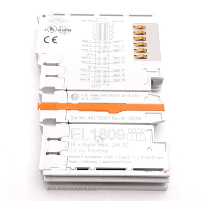 Used Beckhoff EL1809 EtherCAT PLC Digital Input Module, 16-Channel, 24VDC, DIN Rail