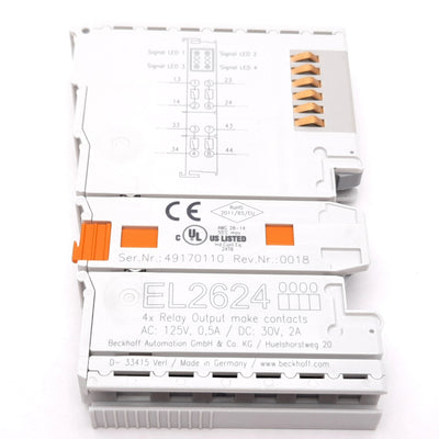 Used Beckhoff EL2624 EtherCAT Relay Output Module, 4-Channel, 125VAC 0.5A, 30VDC 2A