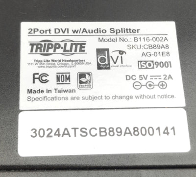 Used Tripp-Lite B119-002A Two Port DVI w/ Audio Splitter, DVI-I/D, 65 Ft Range