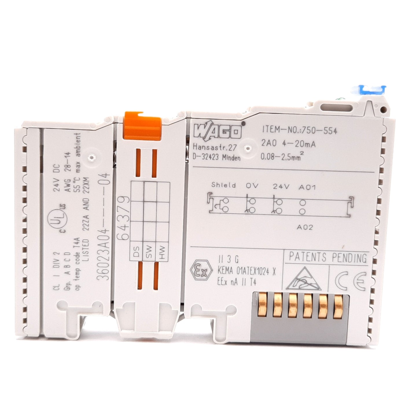 Used Wago 750-554 Analog Output Module, 2-Channel, 4-20mA Output, 24VDC