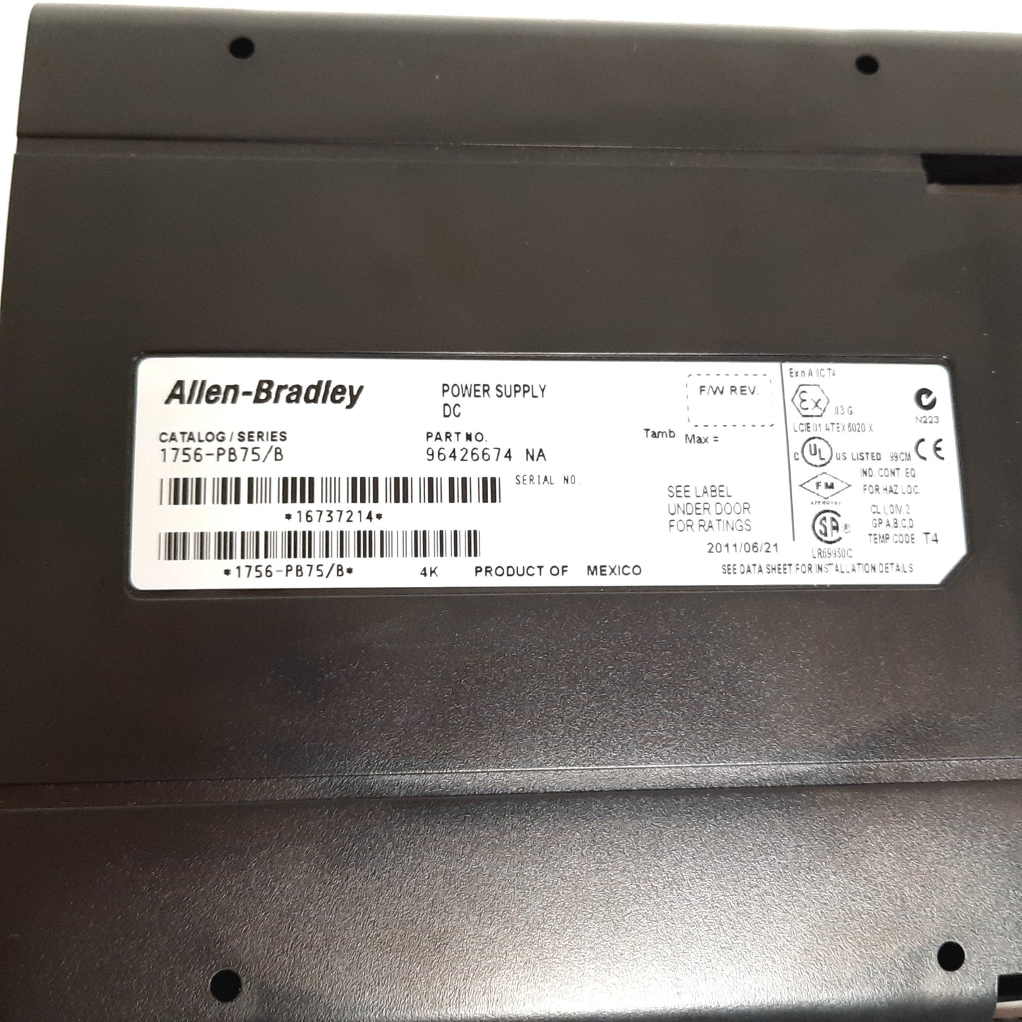 Used Allen Bradley 1756-PA75/B ControlLogix Power Supply With 1756-A7/B Chassis