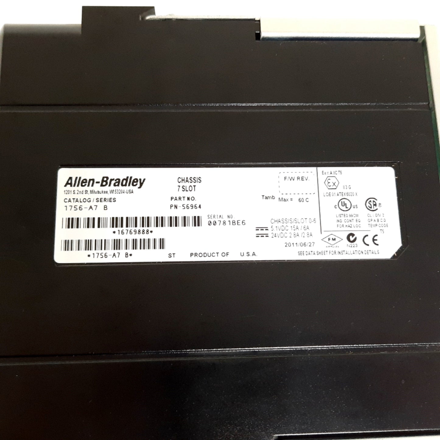 Used Allen Bradley 1756-PA75/B ControlLogix Power Supply With 1756-A7/B Chassis