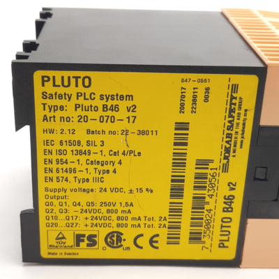 Used Jokab 20-070-17 Pluto B46 v2 Safety PLC System 24V DC Supply, 250V/24V DC Output