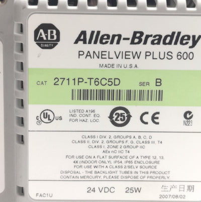 Used Allen Bradley 2711P-T6C5D PanelView Plus 600 HMI Panel 6" USB & RS232 24VDC