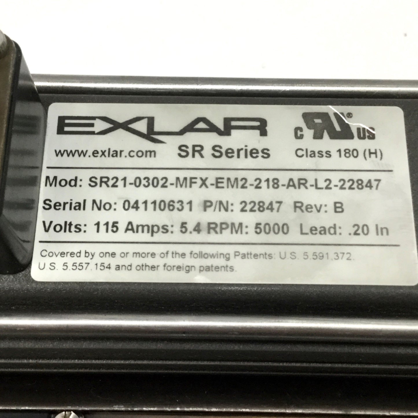 Used Exlar SR21-0302-MFX-EM2-218-AR-L2 Linear Actuator 115VAC, 0.2" Lead, 3" Stroke