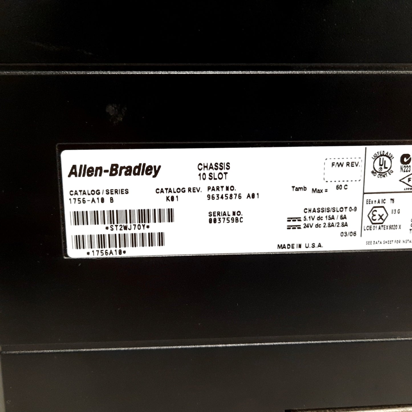 Used Allen Bradley 1756-PA72/C ControlLogix Power Supply With 1756-A10/B Rack Chassis