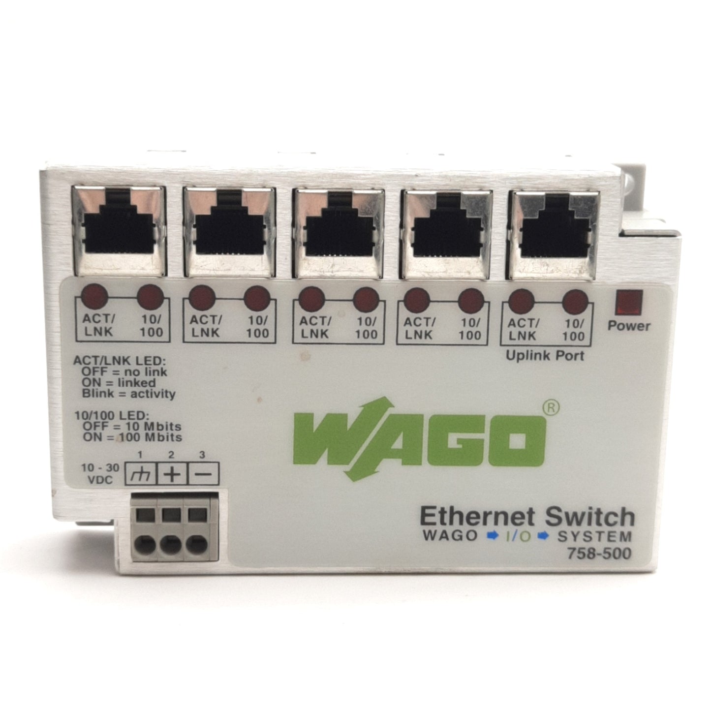 Used Wago 758-500 Ethernet Switch I/O System 5-Ports RJ-45, 30V DC @ 70 mA, DIN Rail