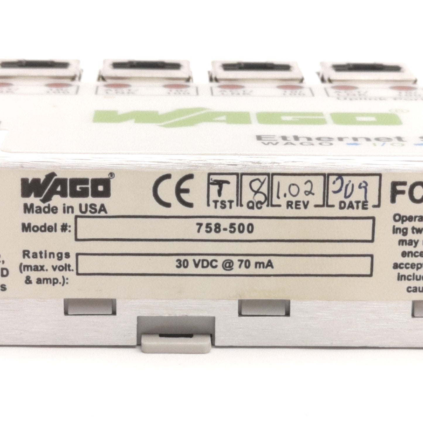 Used Wago 758-500 Ethernet Switch I/O System 5-Ports RJ-45, 30V DC @ 70 mA, DIN Rail