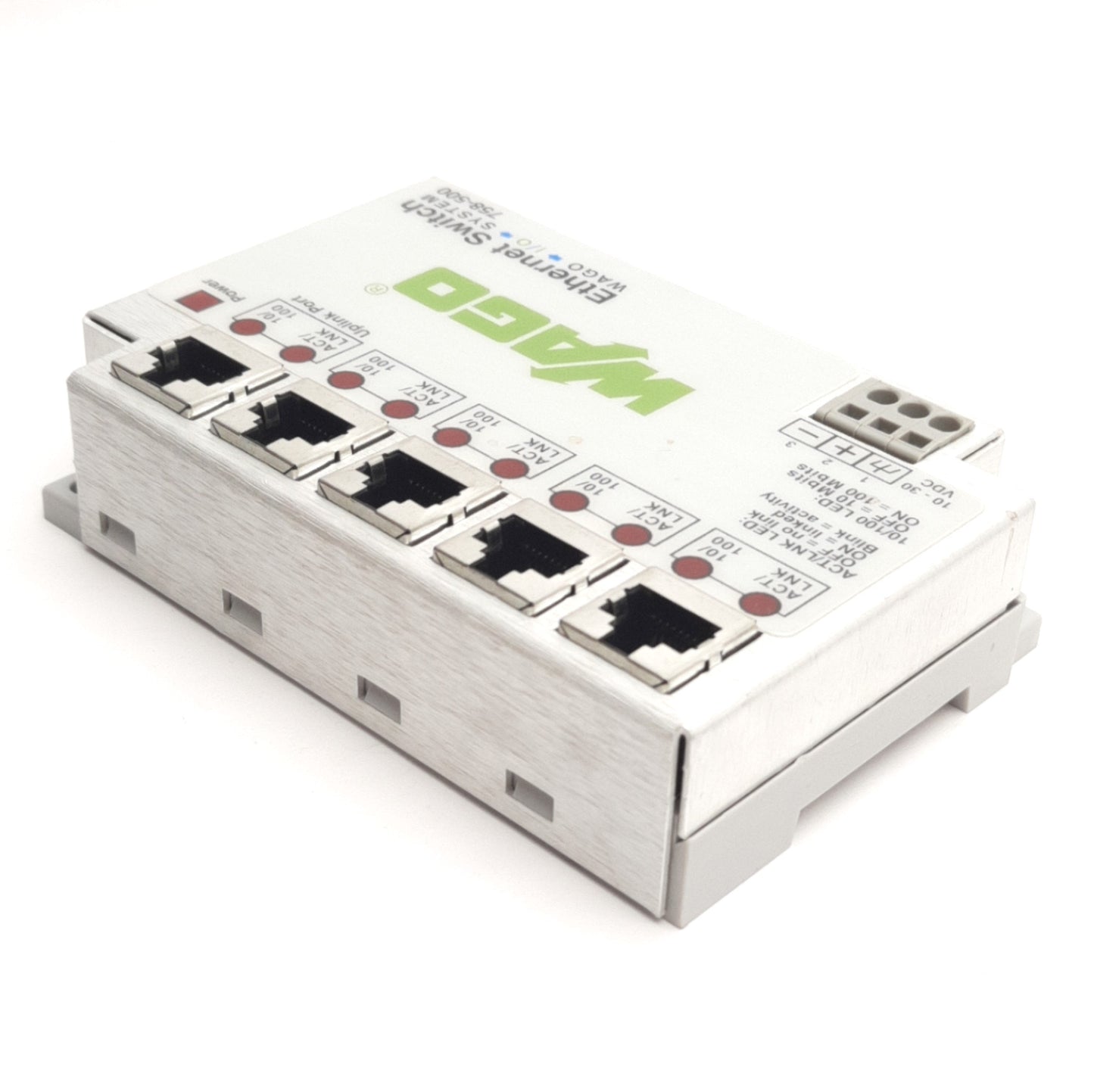 Used Wago 758-500 Ethernet Switch I/O System 5-Ports RJ-45, 30V DC @ 70 mA, DIN Rail