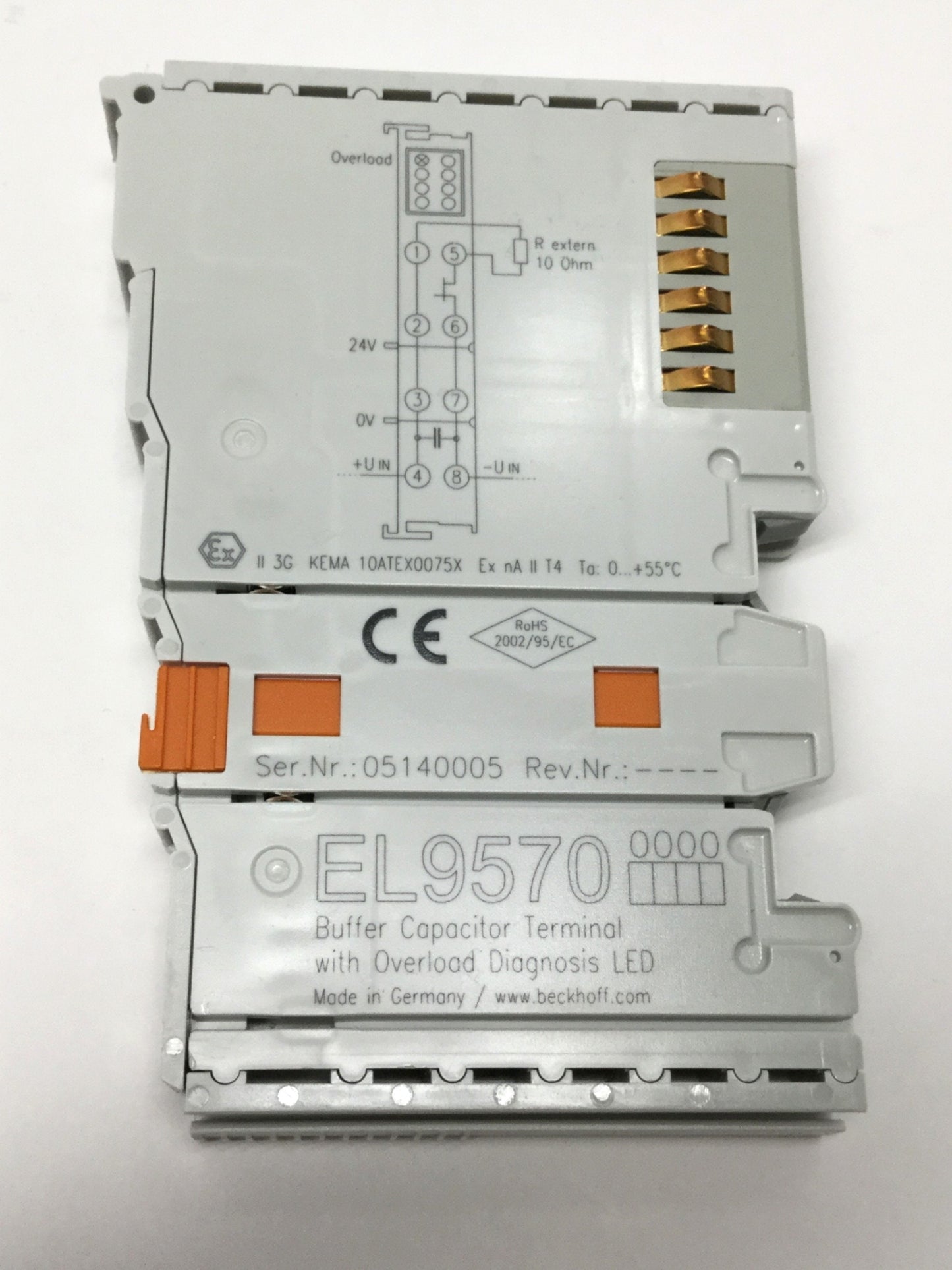 Used Beckhoff EL9570 Buffer Capacitor Terminal w/ Overload Diagnosis LED 48VDC 500æF