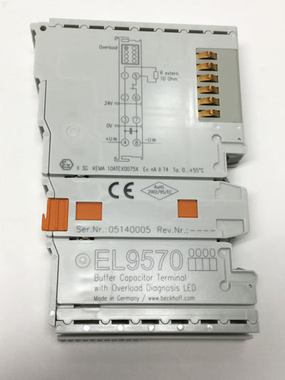 Used Beckhoff EL9570 Buffer Capacitor Terminal w/ Overload Diagnosis LED 48VDC 500æF