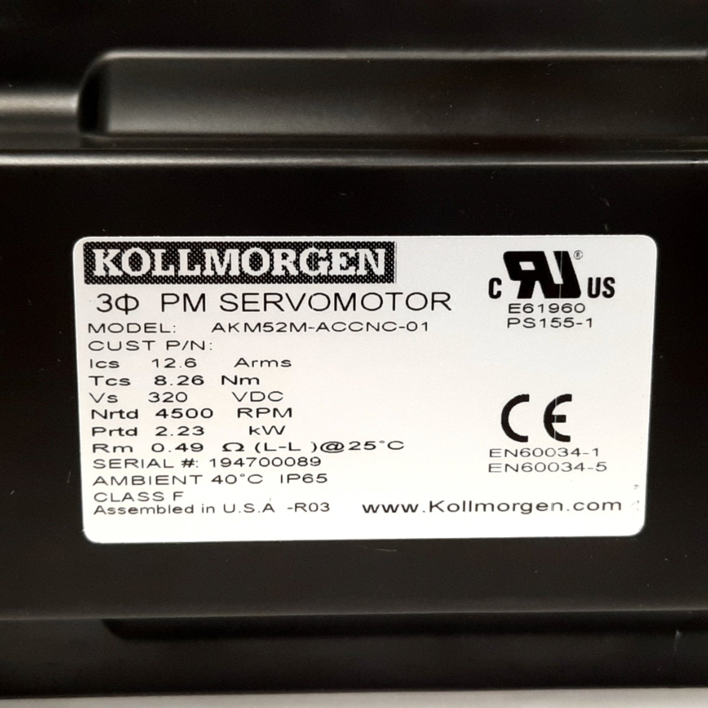 New Kollmorgen AKM52M-ACCNC-01 Servo Motor, 2.23kW, 320VDC, 4500RPM, Shaft: 24mm