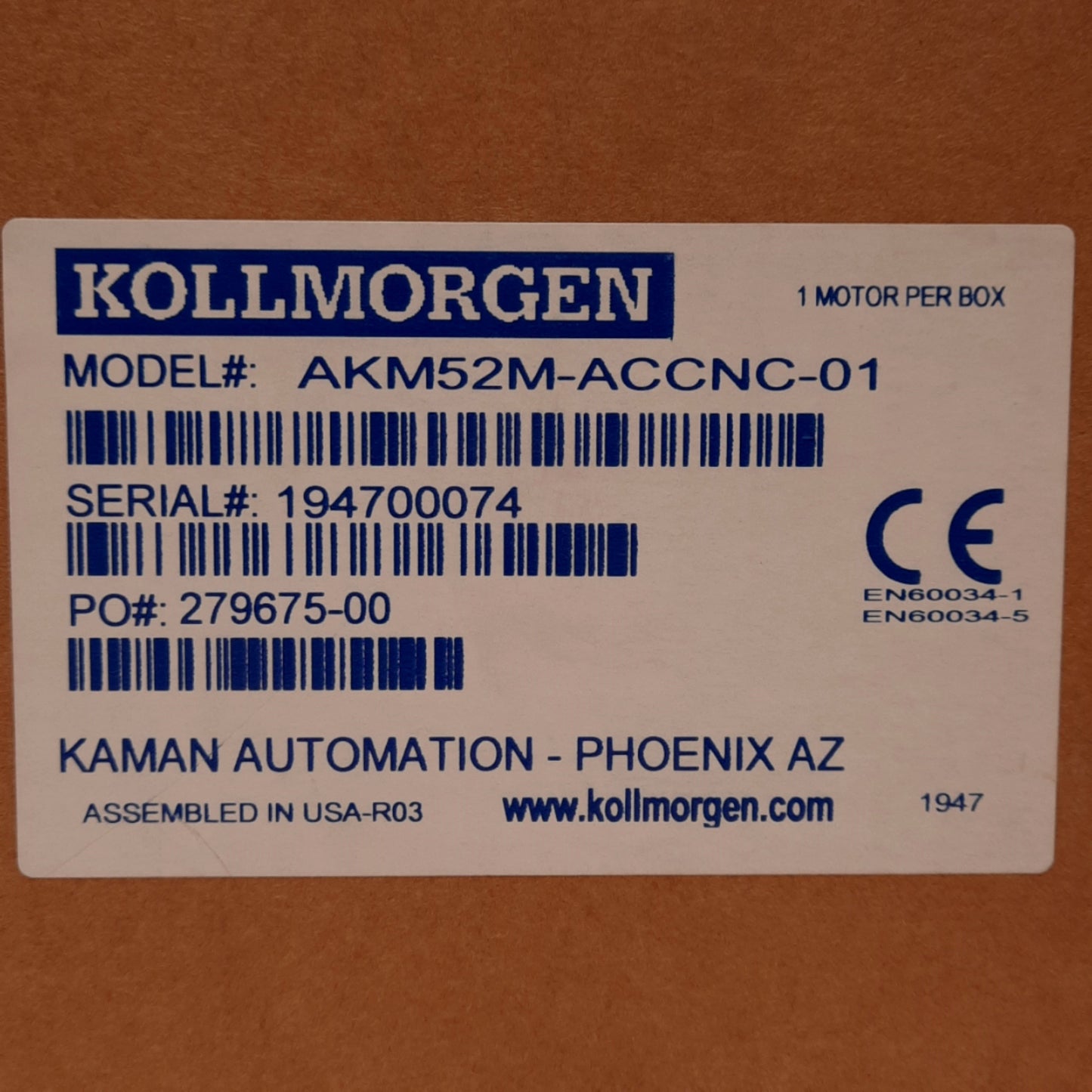 New Kollmorgen AKM52M-ACCNC-01 Servo Motor, 2.23kW, 320VDC, 4500RPM, Shaft: 24mm