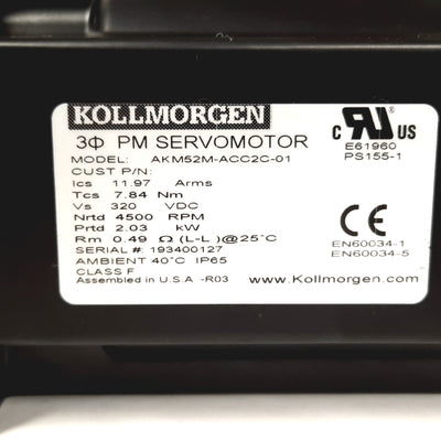 New Kollmorgen AKM52M-ACC2C-01 Servo Motor, 2.03kW, 320VDC, 4500RPM, Shaft: 24mm