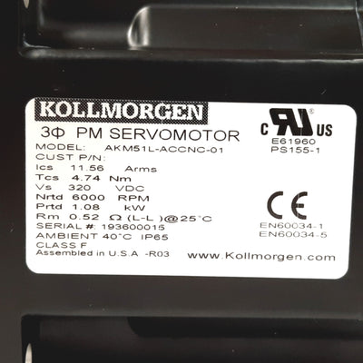 New Kollmorgen AKM51L-ACCNC-01 Servo Motor, 1.08kW, 320VDC, 6000RPM, Shaft: 24mm