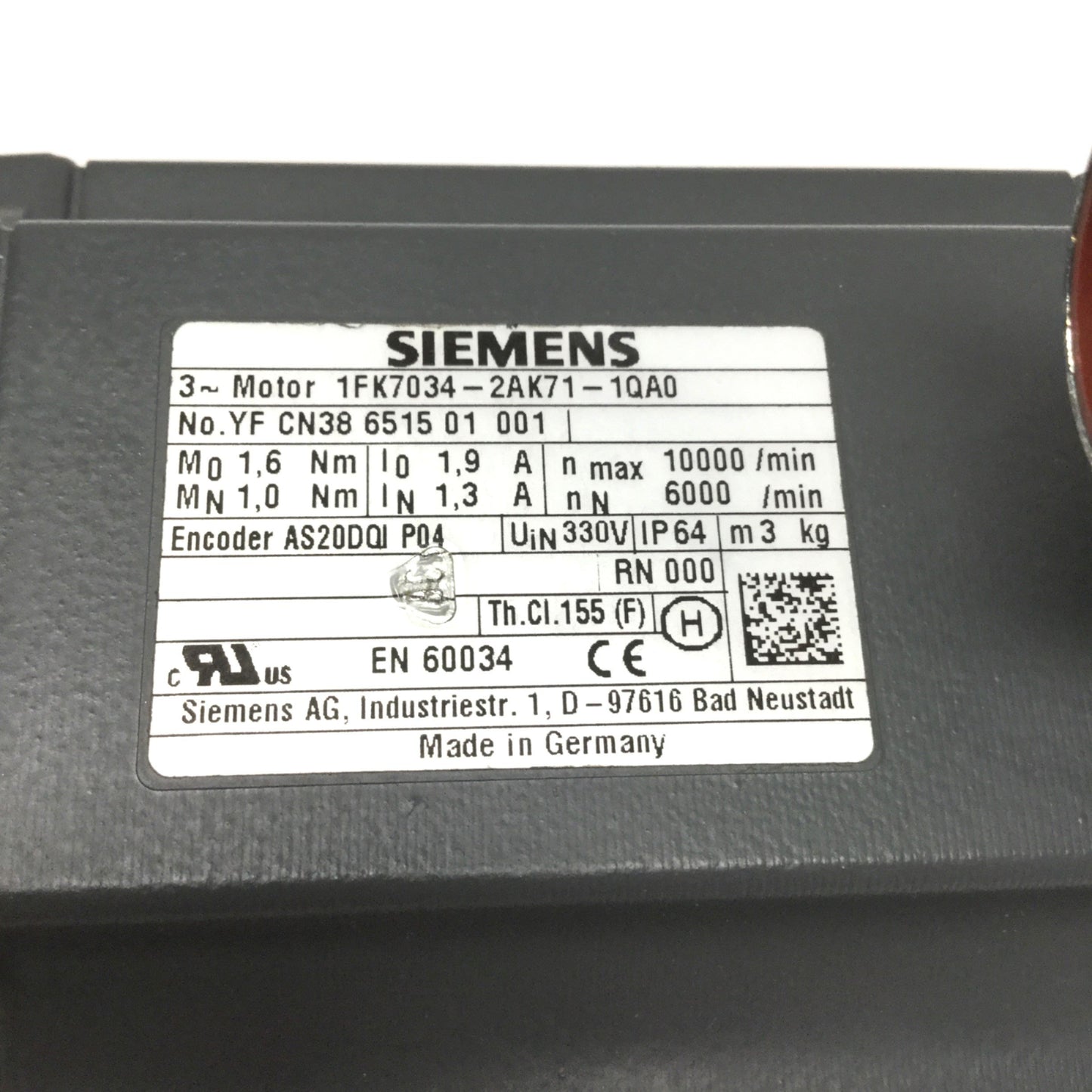 Used Siemens 1FK7034-2AK71-1QA0 SIMOTICS S Synchronous Motor 6000RPM 0.63kW w/Encoder