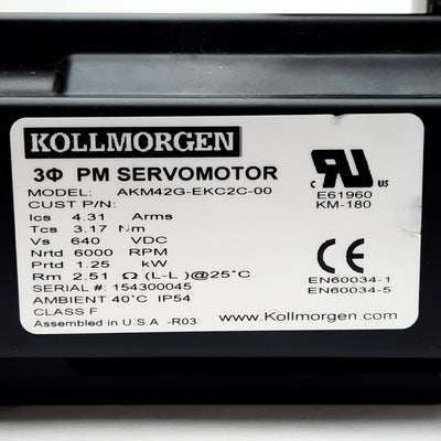 Used Kollmorgen AKM42G-EKC2C-00 Servo Motor, 84mm Flange, 640VDC, 6000RPM, 24V Brake