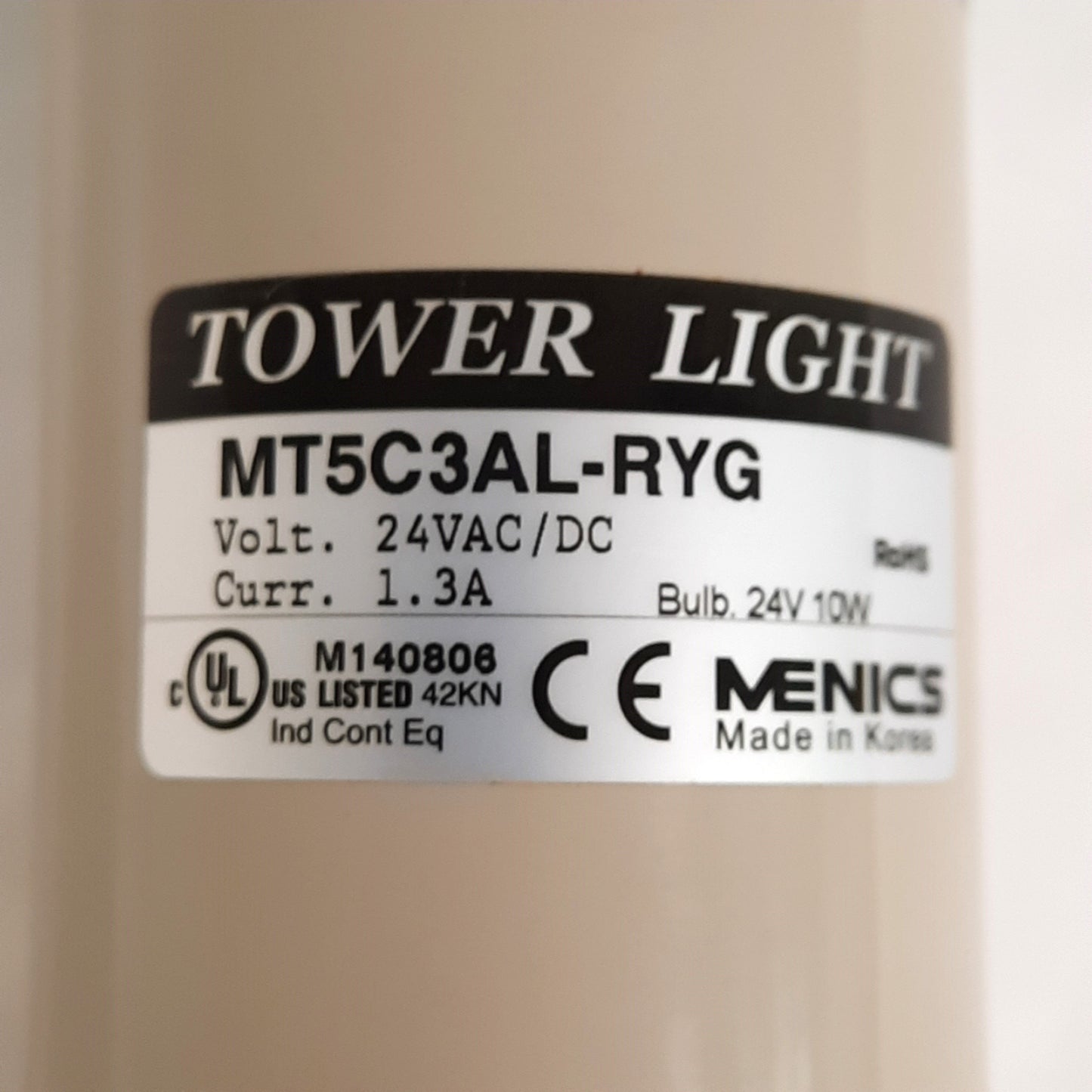 New – Open box Menics MT5C3AL-RYG Stack Light Tower, Red Yellow Green, Ø56mm, 24VAC/DC 1.3A