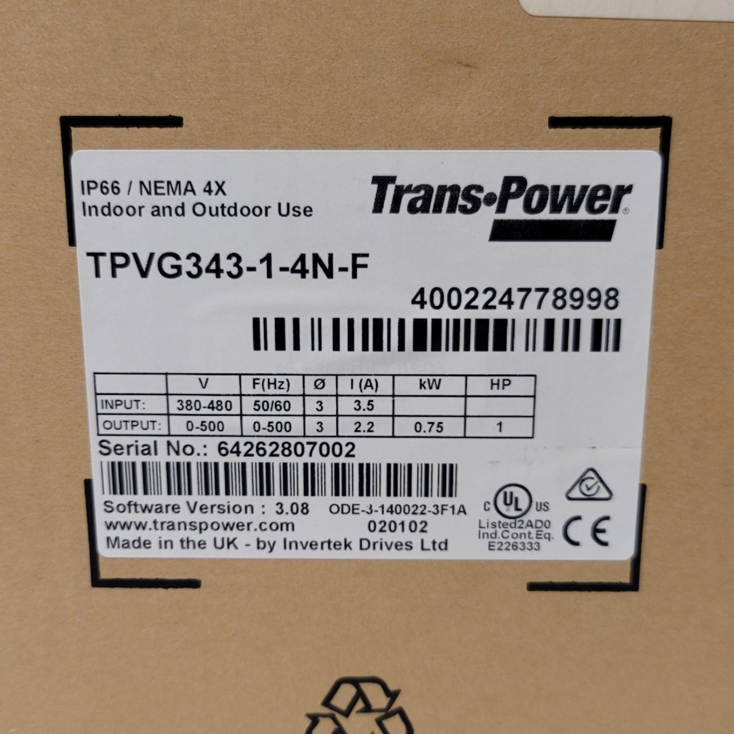 New Trans Power TPVG343-1-4N-F Variable Frequency Drive 1HP 0.75kW 380-480VAC 3-Ph