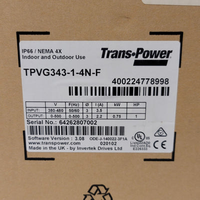 New Trans Power TPVG343-1-4N-F Variable Frequency Drive 1HP 0.75kW 380-480VAC 3-Ph