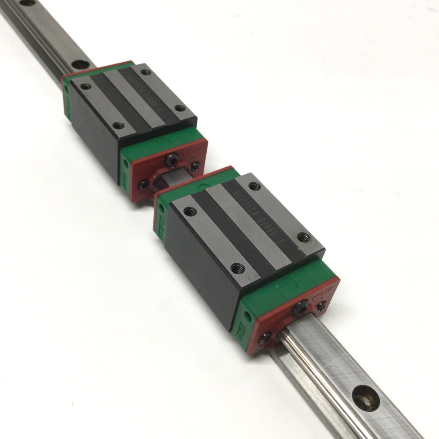 Used Hiwin HGH15CA (x2) Ball Bearing Carriage Block Slides on 590mm Linear Guide Rail