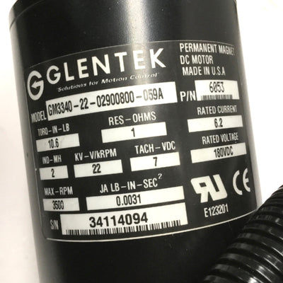 Used Glentek GM3340-22 Permanent Magnet DC Servo Motor, 3500RPM, 180VDC, 10.6 in-lb