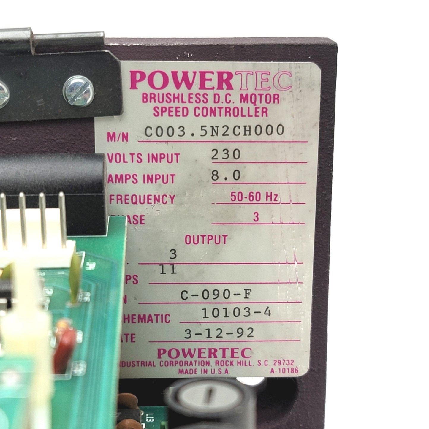 Used Powertec C003.5N2CH000 500 Brushless DC Motor Control Drive 3HP 230VAC 3PH