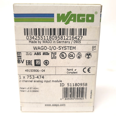 Wago 753-474 2-Channel Analog Input Module, 16 Bit, 4-20mA, Single Ended