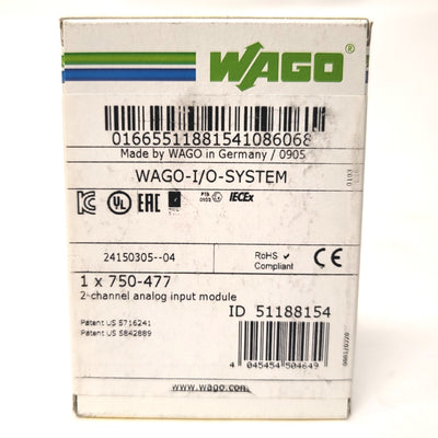 New Wago 753-477 2-Channel Analog Input Module, 16 Bit, 0-10V AC/DV, Differential