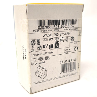 New Wago 750-306 DeviceNet Fieldbus Coupler Module 512 Bytes, 6000 Points, 24VDC