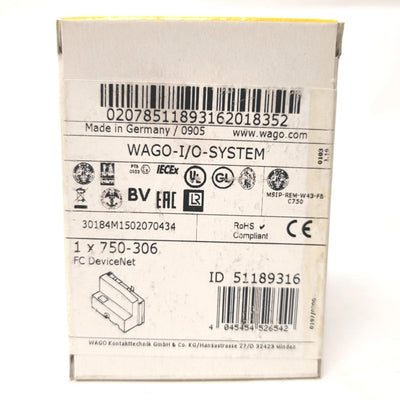 New Wago 750-306 DeviceNet Fieldbus Coupler Module 512 Bytes, 6000 Points, 24VDC