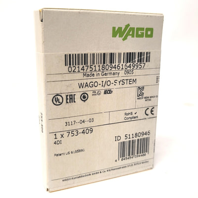 New Wago 753-409 4-Channel Digital Input Module 4-Bit, 24VDC, 2x 2-Wire/3-Wire