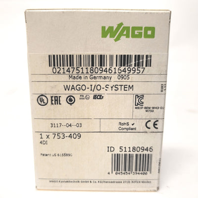 New Wago 753-409 4-Channel Digital Input Module 4-Bit, 24VDC, 2x 2-Wire/3-Wire