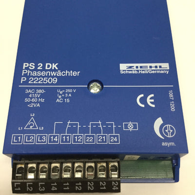 Used Ziehl PS 2 DK P 222509 Phase Asymmetry Monitor Relay 380-415VAC ⌀3 w/o N, 5-25%